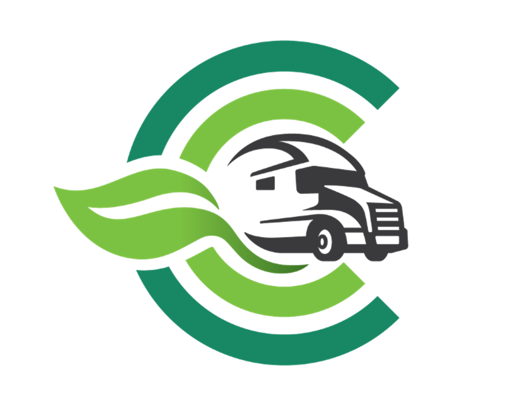 Clean Carrier logo two green letter c's with a leaf in the middle and a semi truck driving out
